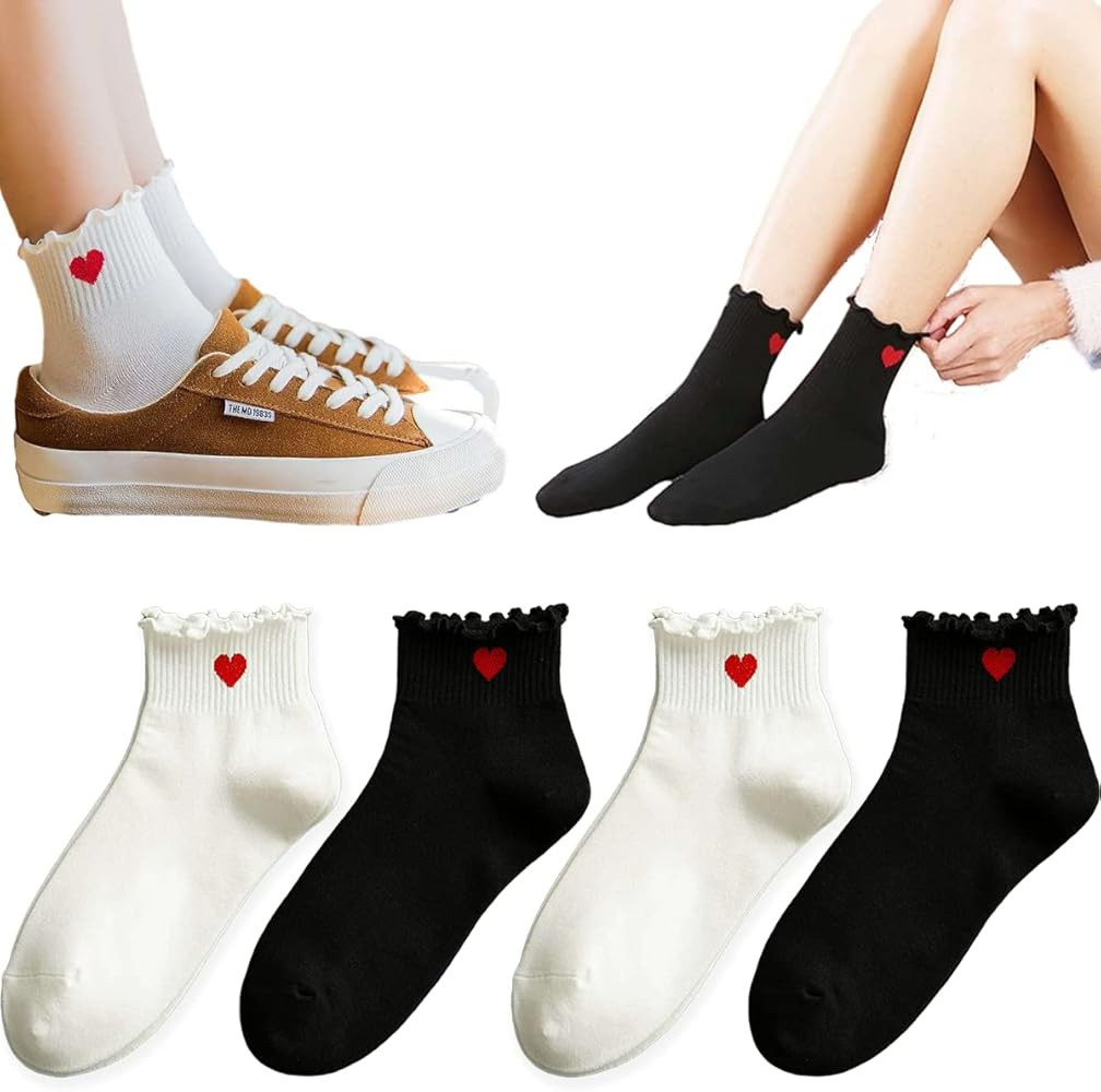 Cute Heart White Red Ankle Women Socks Frilly Fun Bear Pattern Long Crew Novelty Aesthetic Girls ... | Amazon (US)