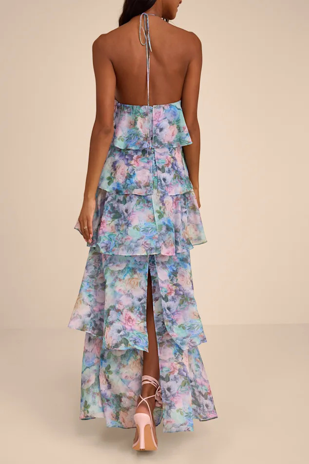 Melody Light Blue Floral Tiered Halter Maxi Dress | Lulus