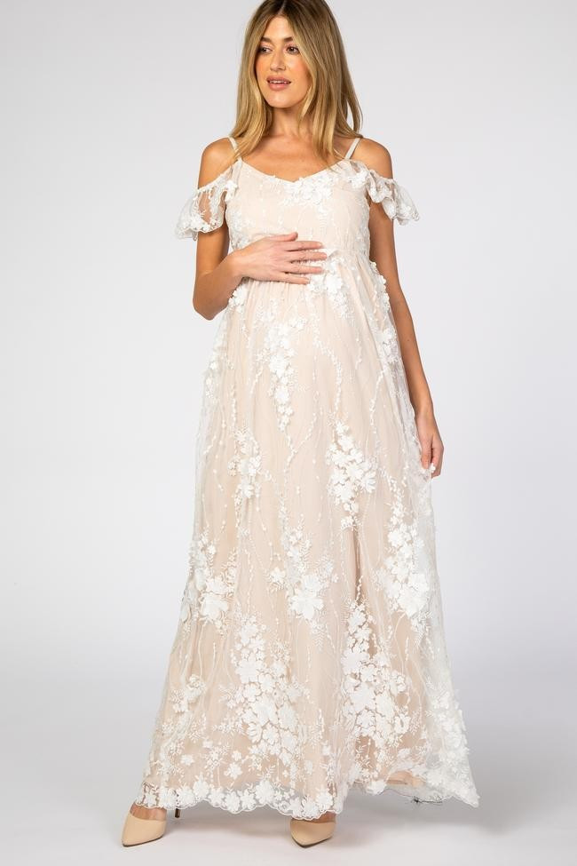 Ivory Floral Embroidered Mesh Maternity Evening Gown | PinkBlush Maternity