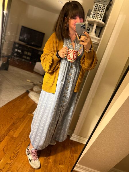 Love this cardigan for a denim jacket alternative on chilly mornings. On sale in multiple colors (I just ordered the cream and black to extend the wear time of some of my favorite dresses into cooler temps) and this dress is so easy to throw on and go  
