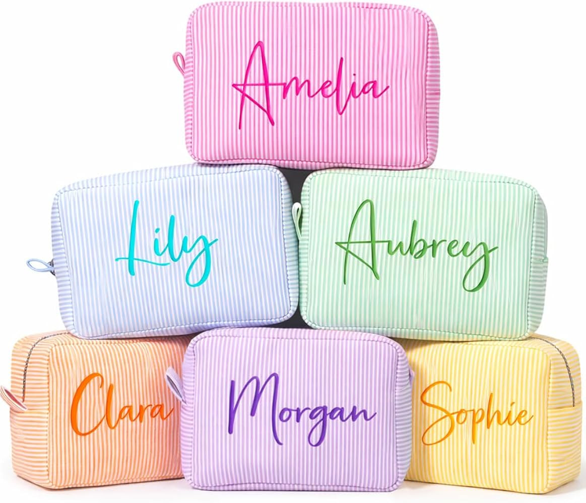 Personalized Seersucker Makeup Bag with Name Custom Embroidered Name Cosmetic Bag, Monogram Toile... | Amazon (US)