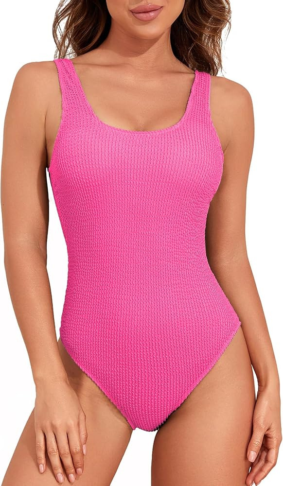 Fanuerg Women's One Piece Swimsuits Ribbed Tummy Control Swimwear Low Back High Cut Bathing Suit | Amazon (US)