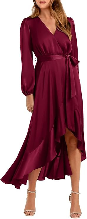 PRETTYGARDEN Women's Spring Dresses Casual Long Sleeve Wrap V Neck Maxi Dress Ruffle High Low Wed... | Amazon (US)
