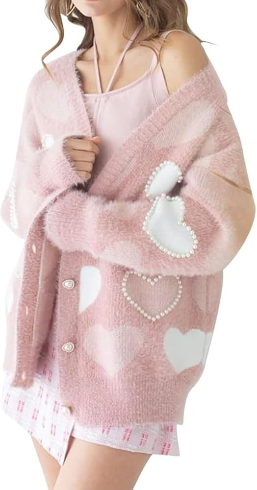 Women's Cute Heart Cardigan Sweaters Love Print Valentin's Day Sweater Button Up Front Oversized ... | Amazon (US)