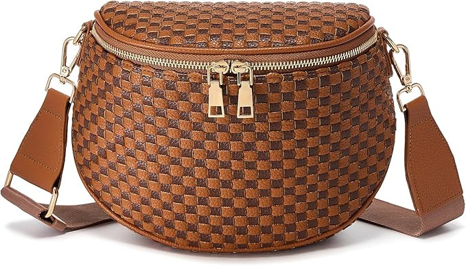 Trendy Woven Checkered Crossbody Bum Bag for Women，PU Leather Checkered Purse Fanny Packs Belt ... | Amazon (US)