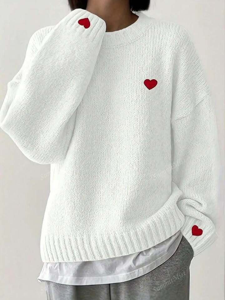 Heart-Shaped Pattern Drop Shoulder Sweater, Versatile Crew Neck Long Sleeve Pullover Sweater, Sui... | SHEIN