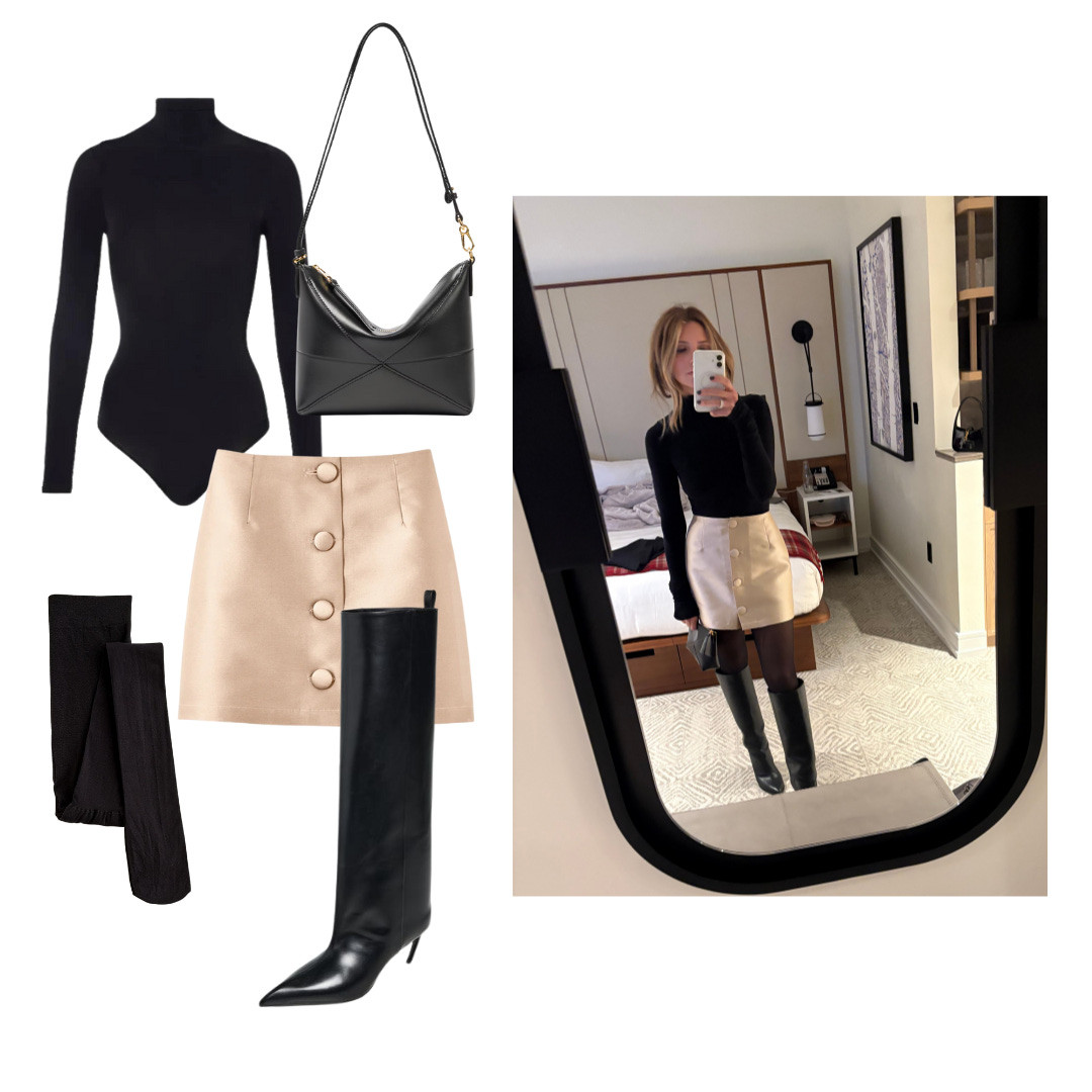 ASPEN OUTFITS: Night 2. 

This look was sleek, feminine, and just enough edge, an ALB classic. A fitted black base keeps everything clean and polished, while the soft neutral mini adds contrast and a subtle statement. Tall black boots ground the look and make it feel Aspen appropriate for a cold night out. Finished with a simple black bag, it’s effortless but still makes an impact, perfect for dinner or drinks. 

 #LTKootd #LTKTravel