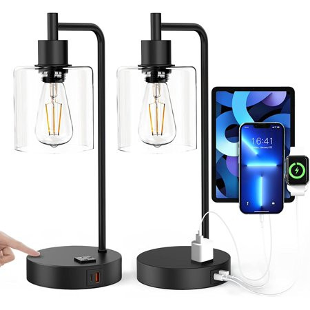 【Upgraded】Touch Control Industrial Table Lamp with USB A+C Ports & AC Outlet 3-Way Dimmable Glass Sh | Walmart (US)