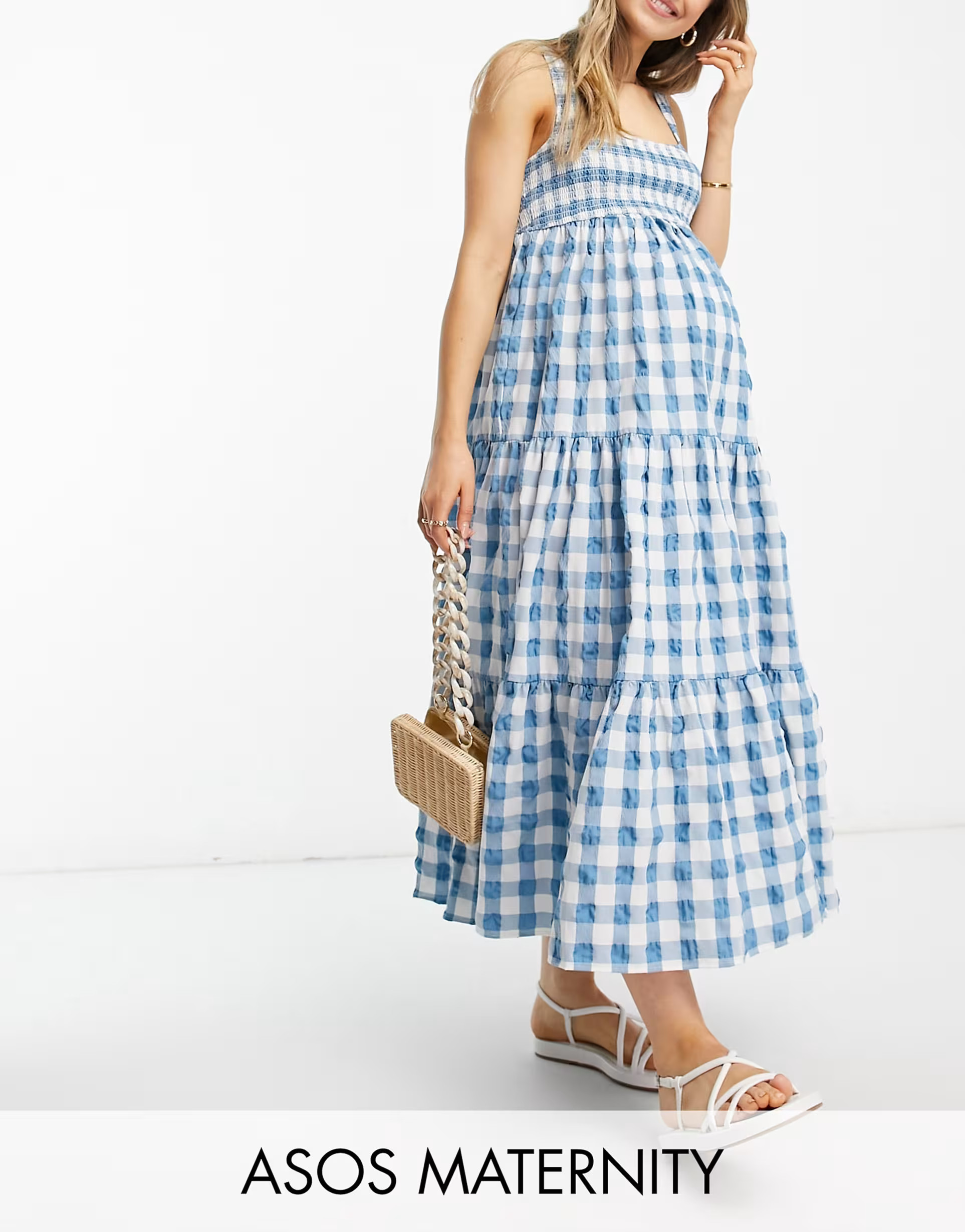 ASOS DESIGN Maternity scoop neck shirred maxi sundress in blue gingham | ASOS (Global)