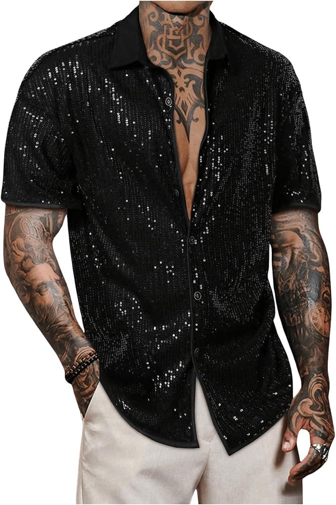 Men's Sequin Button Down Shirts Sparkle 70s Disco Short Sleeve Party Shirt Tops | Amazon (US)