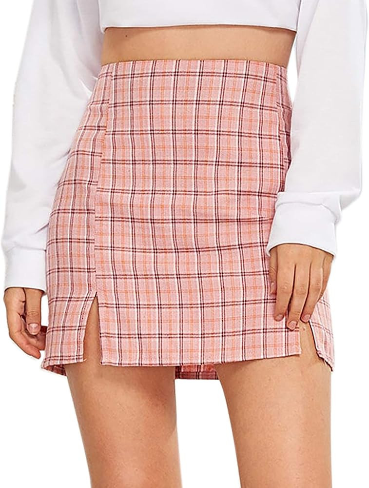 WDIRARA Women's Plaid Skirt High Waist Split Front Zip Up Mini Bodycon Skirt | Amazon (US)