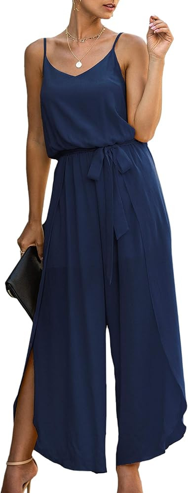 ECOWISH Womens Jumpsuit Spaghetti Strap Wide Leg Split Jumpsuits Long Overalls Summer Beach Loose... | Amazon (US)