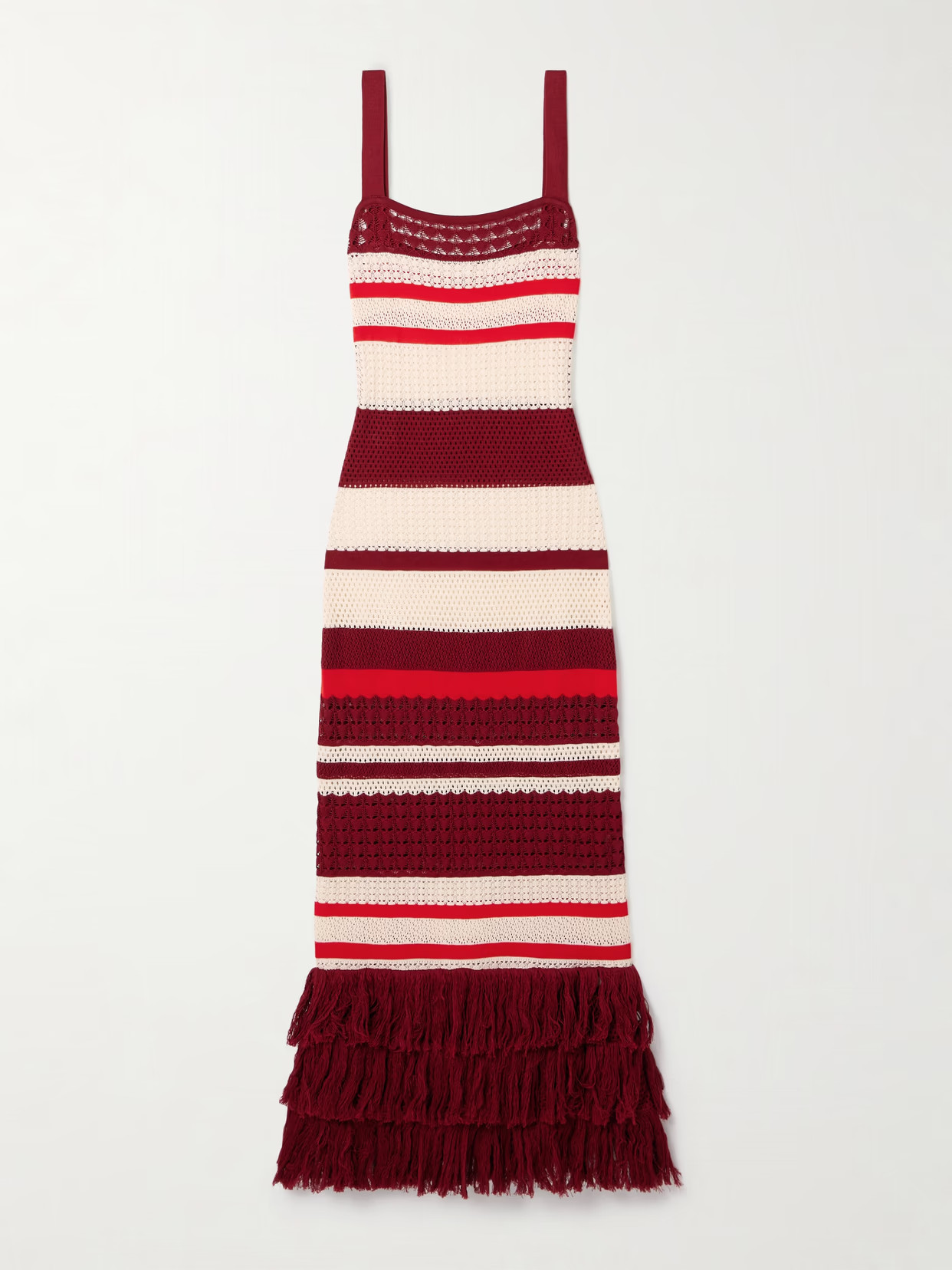 Johanna Ortiz - Embayed Fringed Crocheted Pima Cotton Maxi Dress - Burgundy | NET-A-PORTER (US)