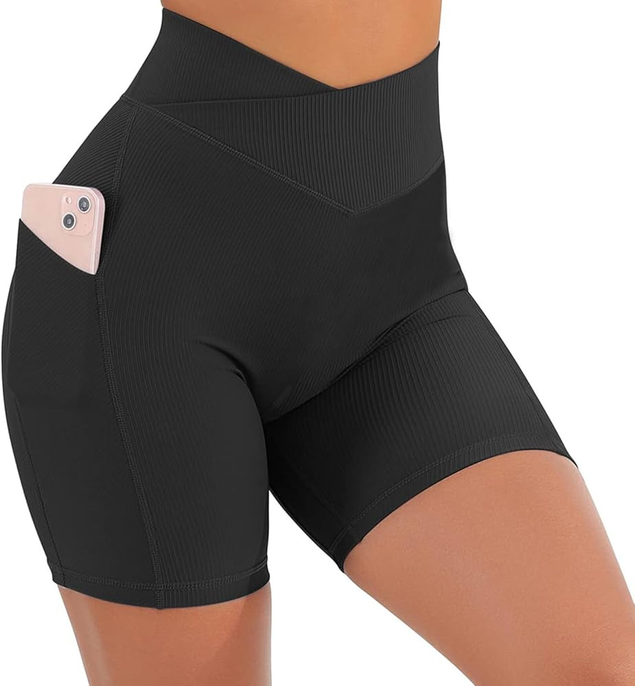 Yuerlian Women Cross Waist Workout Yoga Shorts with Pockets 5" High Waist Booty Biker Ribbed Shor... | Amazon (US)
