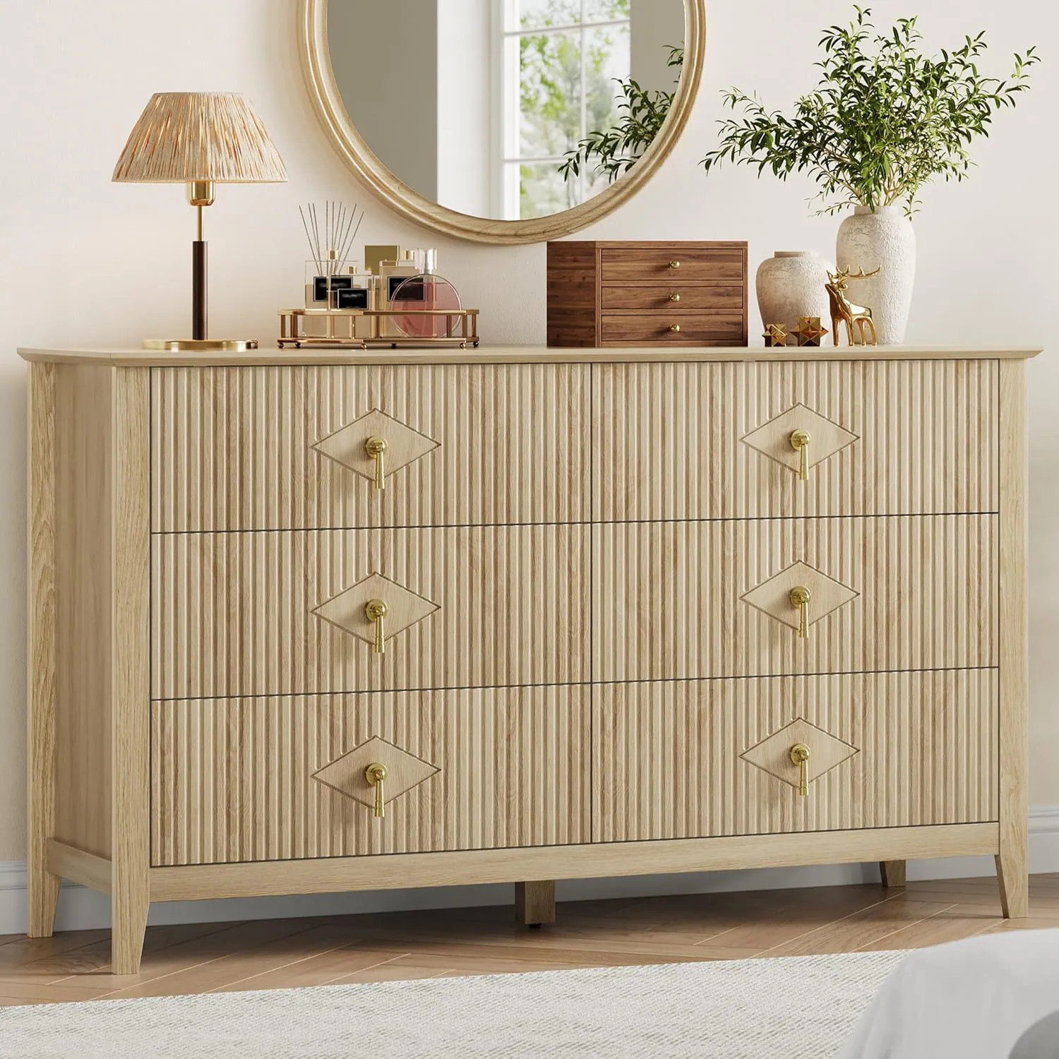 Garvee Fluted 6 Drawers Dresser for Bedroom 54in Wide Modern Chest of Drawers with Metal Handle Wooden Dresser Organizer for Bedroom Living Room | Lowe's
