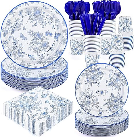 durony 350 Pieces Blue & White Floral Party Supplies 7 Inch 9 Inch Disposable Elegant Flower Pape... | Amazon (US)