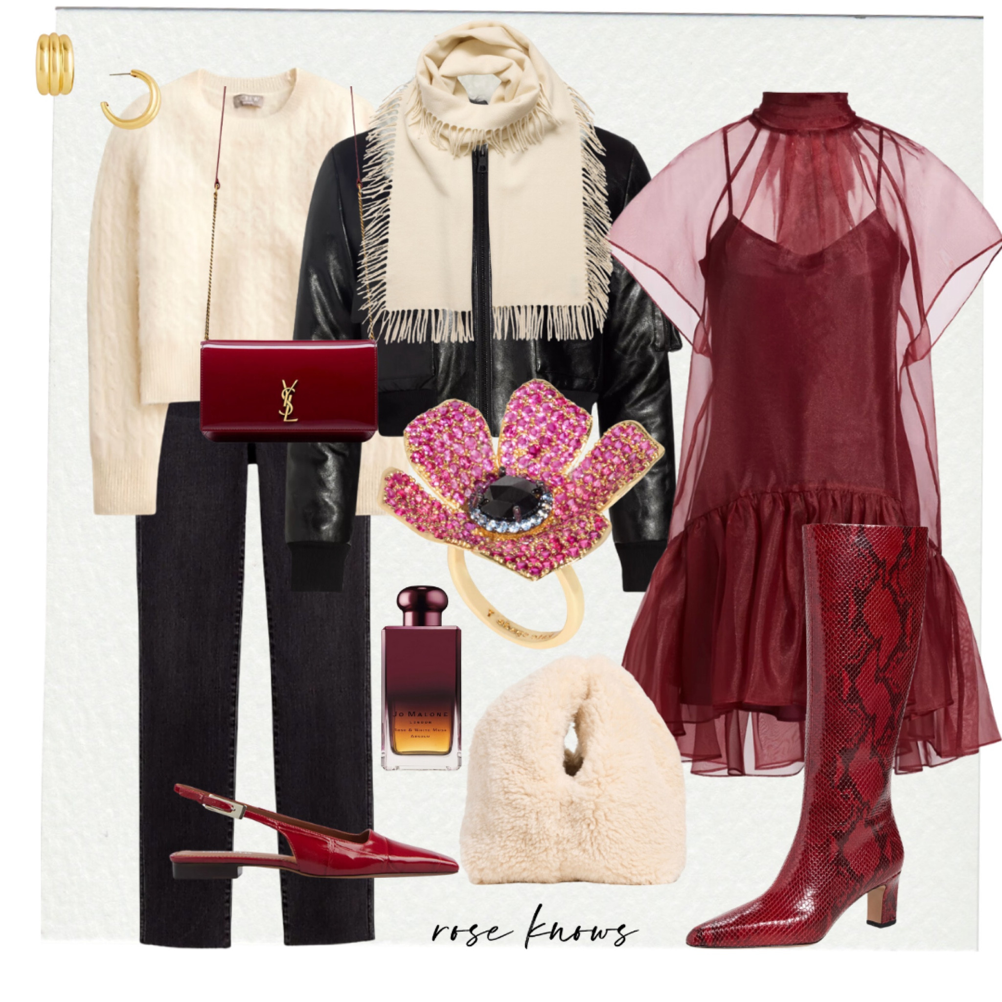 Pretty holiday dress ❤️ 
Statement cocktail ring, leather jacket
 ivory fringe scarf
Jo Malone 
Patent leather sling backs 
Saint Laurent phone purse 


#LTKTravel #LTKParties #LTKShoeCrush