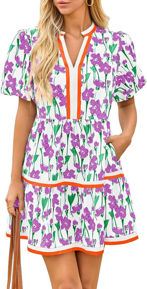 Cicy Bell Womens V Neck Floral Mini Dress Short Puff Sleeve Patchwork Summer Casual Boho Dresses | Amazon (US)