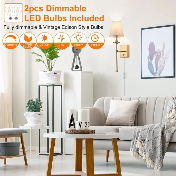 Sconces Set of Two  ENCOMLI Plug in Wall Sconces White Fabric Shade  Wall Lamp with 6FT Plug in C... | Walmart (US)