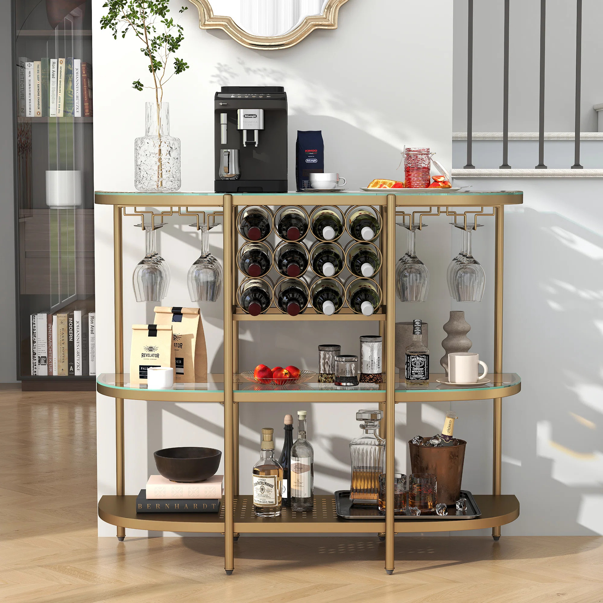 Itasca Metal Wine Bar Stand with 4-Tier Storage, Tempered Glass Wine Rack Table with Glass Holder... | Wayfair North America