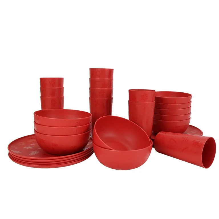 Mainstays Plastic Etched Holiday 30 Piece Dinnerware Set, Red | Walmart (US)