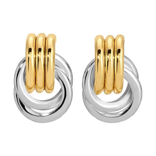 Double Knot Mixed Metal Statement Earrings – Women’s Lightweight Gold & Silver Plated Hollow Earrings, Bold 2-Inch Style for Pierced Ears | Amazon (US)