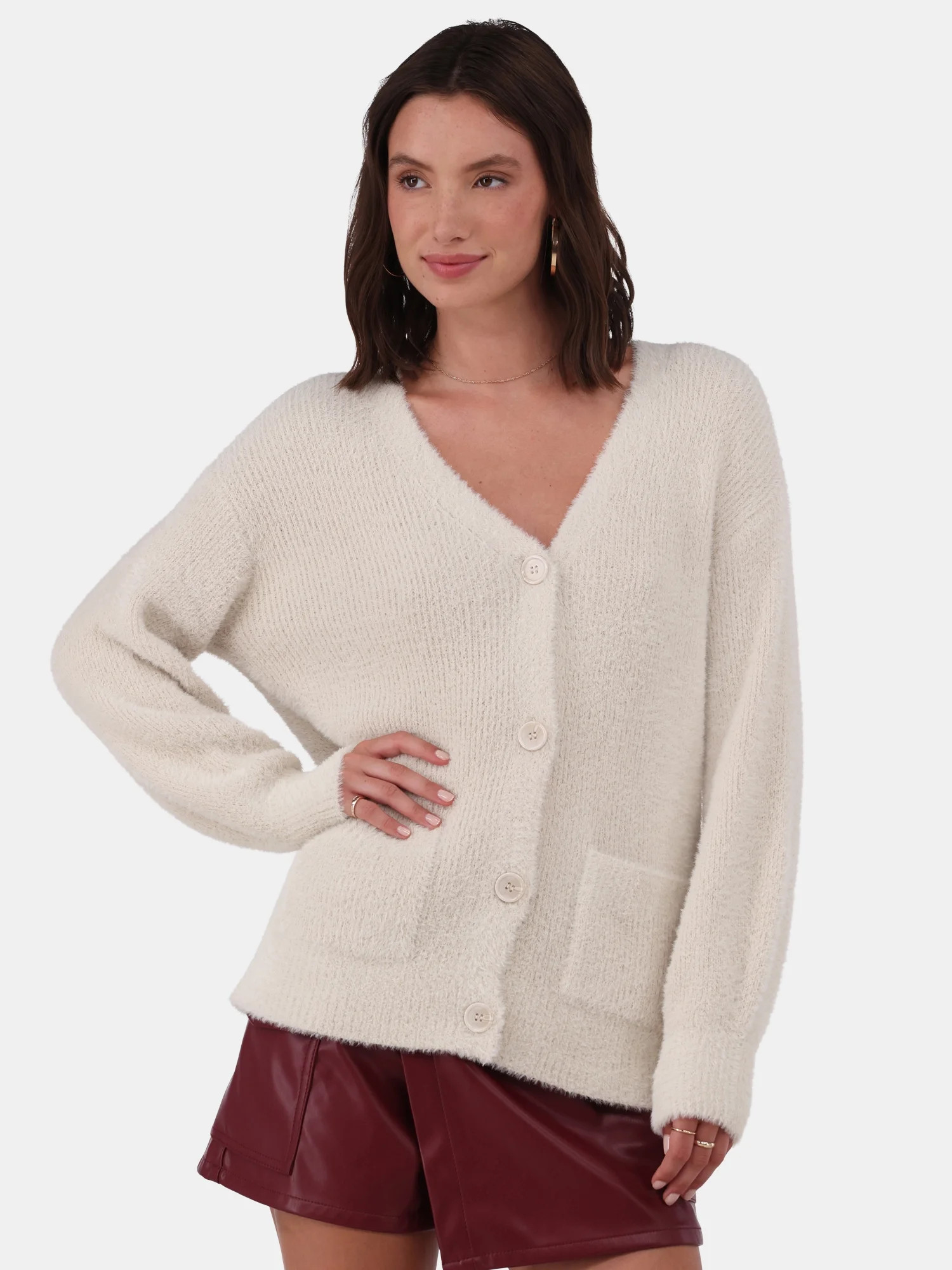No Boundaries Fuzzy Cardigan Sweater, Women's and Women’s Plus | Walmart (US)