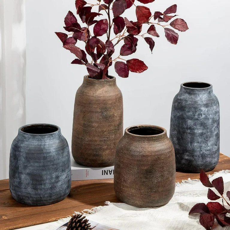 11in Rustic Ceramic Vase, Brown Vintage Flowers Vase, Extra-Large Rustic Farmhouse Vase, Whitewas... | Walmart (US)