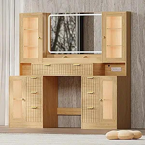 Fluted Makeup Vanity Desk with Mirror and Lights, 55" Glass Top Vanity with 8 Drawers & 4 RGB Gla... | Amazon (US)