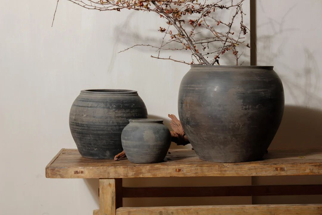 Vintage Matte Grey Clay Pots, Rustic Interior Pottery, Urns, Wabi Sabi Style - Etsy | Etsy (US)