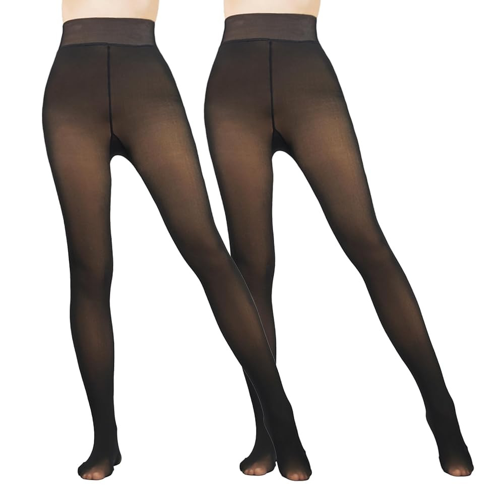 2 Pairs Women Fleece Lined Tights-Fake Translucent Leggings High Waist Pantyhose Sheer Thick Warm... | Amazon (US)