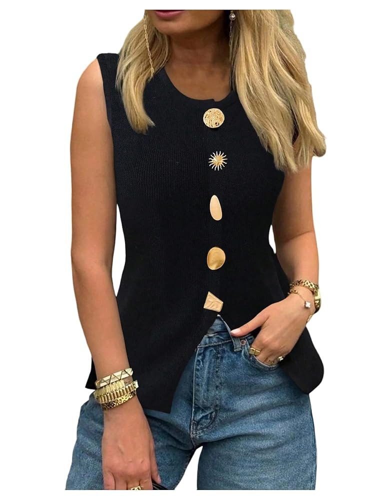 Verdusa Women's Old Money Clothes Elegant Button Down Sweater Vest Sleeveless Crew Neck Vintage T... | Amazon (US)