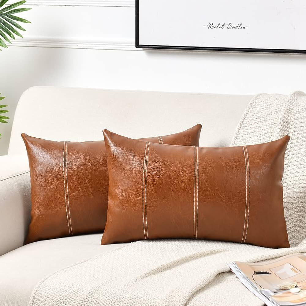 Fancy Homi 2 Packs Brown Boho Long Lumbar Faux Leather Decorative Throw Pillow Covers 16x24 Inch ... | Amazon (US)