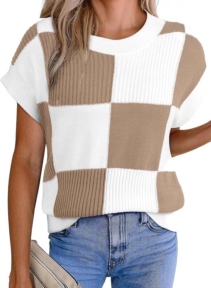 EVALESS Short Sleeve Sweater for Women Crewneck Color Block Knit Tops 2026 Spring Trendy Cap Slee... | Amazon (US)
