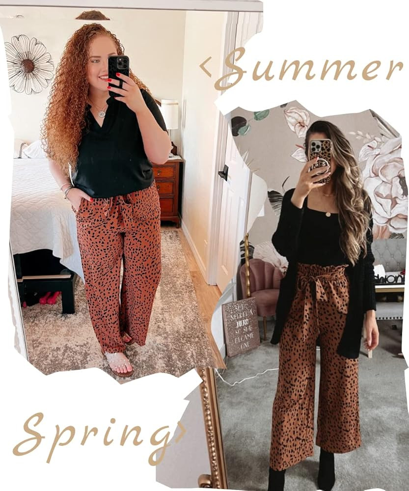 SySea Womens High Waisted Leopard Print Palazzo Pants Belted Wide Leg Long Trousers with Pockets | Amazon (US)