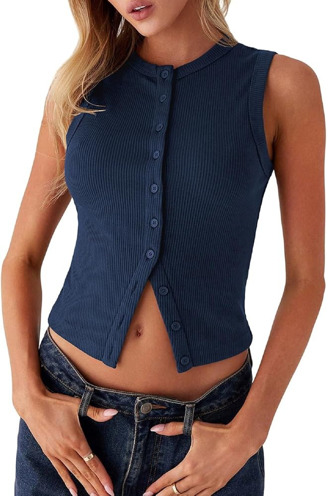 Faretumiya Women Button Down Tank Top Ribbed Summer Vest Tops Slim Fit Open Front Sleeveless Crop... | Amazon (US)