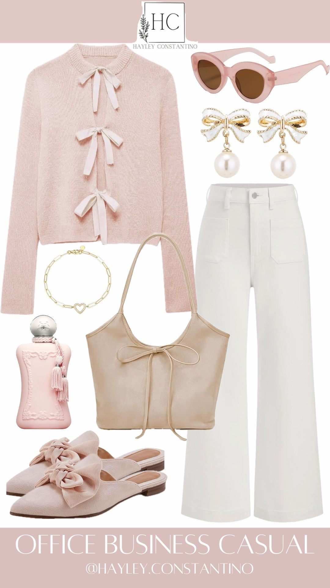 This is the outfit that says: “Yes, I have spreadsheets… and great taste.”  This outfit is giving soft soft pink with a wink—polished enough for the office, sweet enough to turn heads on the way to coffee ☕️💕

A blush pink bow-front cardigan steals the show, serving coquette charm without trying too hard. Paired with crisp white wide-leg trousers, it balances feminine sweetness with boss-energy structure. The nude bow mules? Pure flirt-meets-function. Add pearl bow earrings, rosy sunglasses, a dainty heart bracelet, and that chic blush tote—and suddenly you’re the reason the office dress code feels inspired.

It’s business casual, but make it fun. Think “I’m professional… but I also romanticize my workday.”

✨ When & Where to Wear It
Office or business-casual workdays when you want to look polished but approachable
Client meetings where first impressions matter (soft, confident, put-together)
Work lunches or coffee catch-ups—cute enough to linger afterward
Casual presentations or conferences where style is part of your personal brand
Spring or early fall days when soft layers and light tones shine
💌
Youthful. Feminine. & Confident. Boss Lady! 


#LTKOver40 #LTKWorkwear #LTKootd