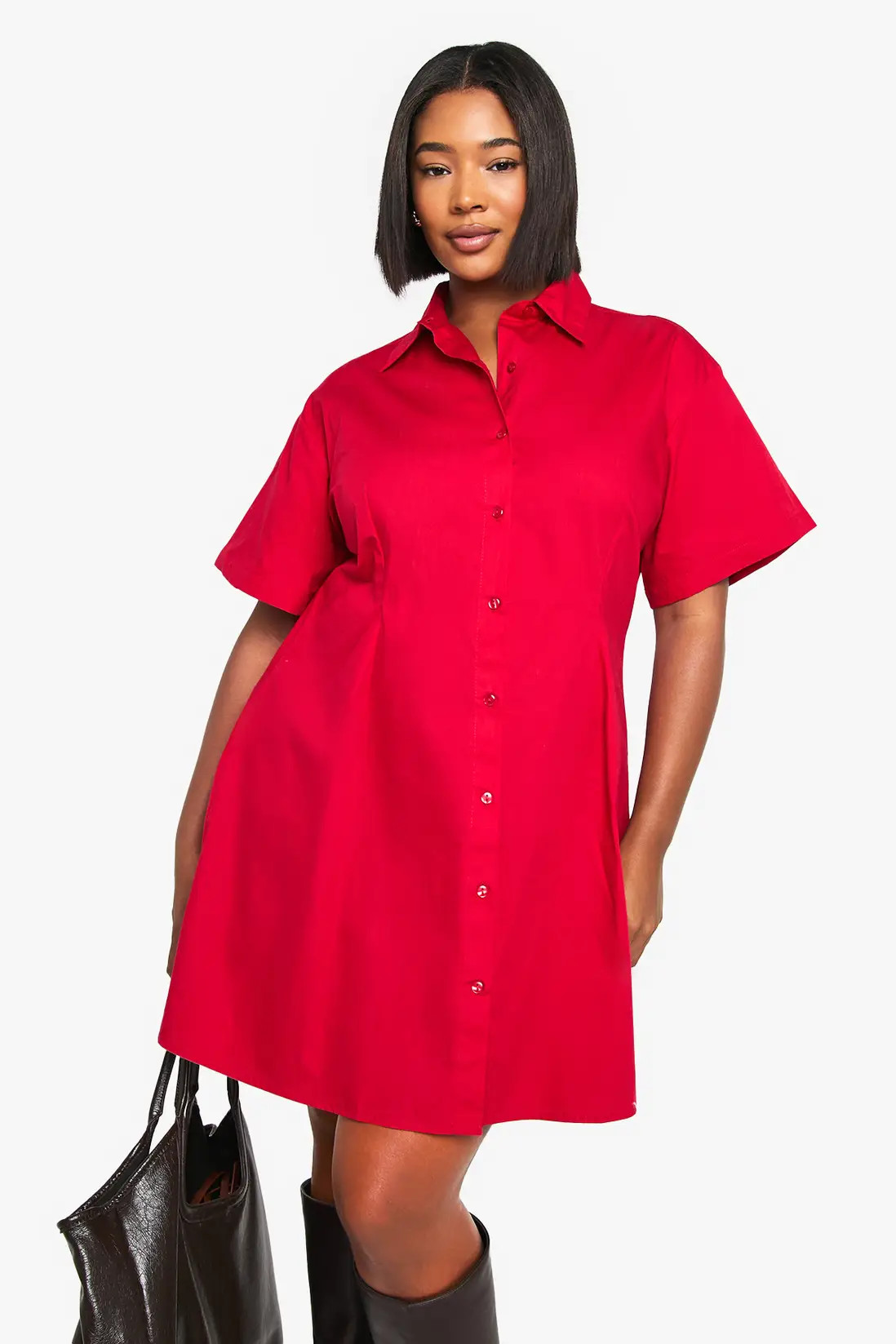 Red boohoo Plus Poplin Cinched Shirt Dress | PrettyLittleThing USA | PrettyLittleThing US