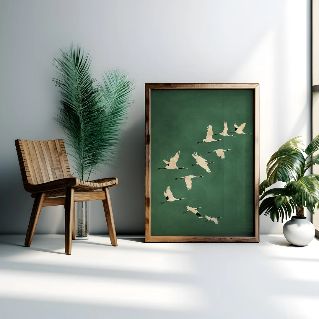 Emerald Cranes Wall Art - Gold Accents Japanese Print, Maximalist Emerald Green Decor for Eclecti... | Etsy (US)