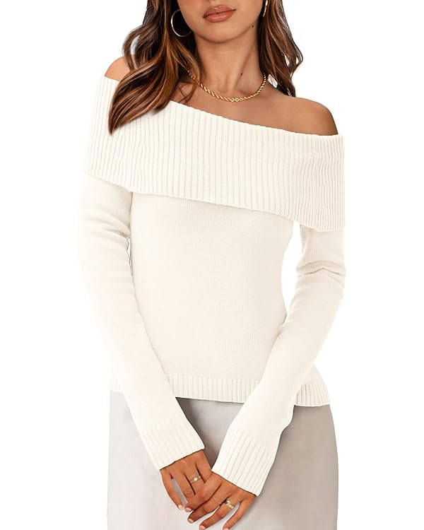 PRETTYGARDEN Women's Fall Off Shoulder Sweaters Y2K Long Sleeve Ribbed Knit Fitted Pullover Winte... | Amazon (US)