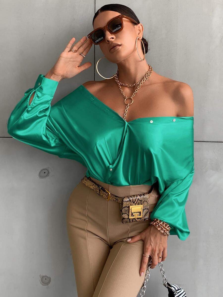 Bishop Sleeve Button Up Satin Blouse | SHEIN