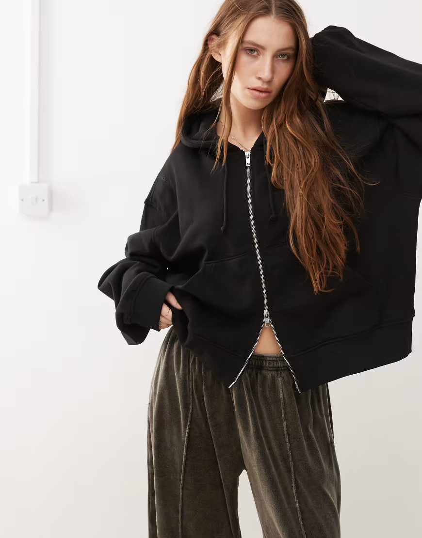 Weekday Essence boxy zip thru hoodie in black | ASOS (Global)