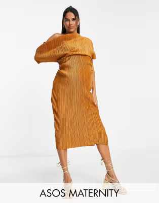 ASOS DESIGN Maternity off the shoulder plisse midi dress in rust | ASOS (Global)