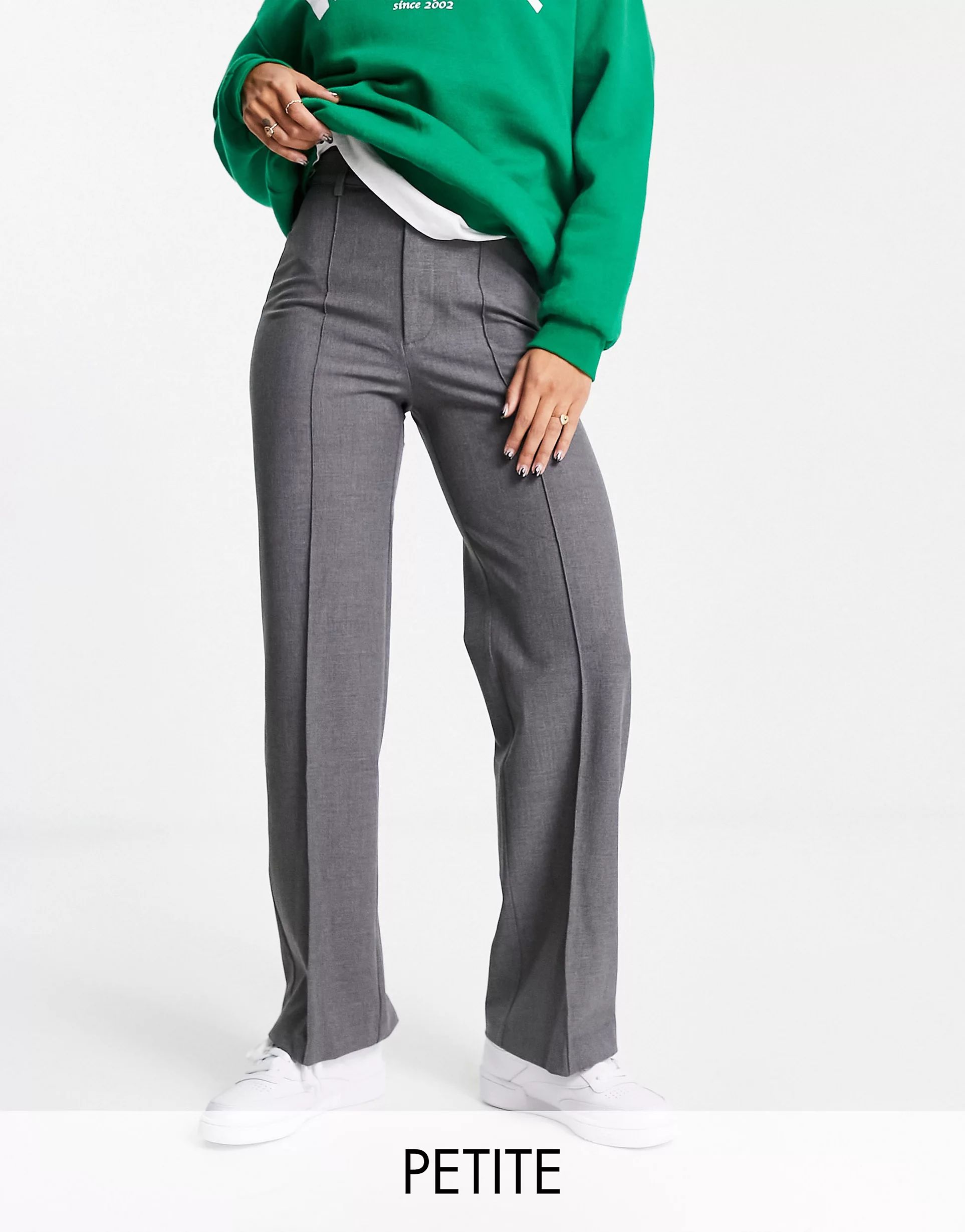 Pull&Bear petite high waist tailored straight leg trousers with front seam in grey | ASOS (Global)