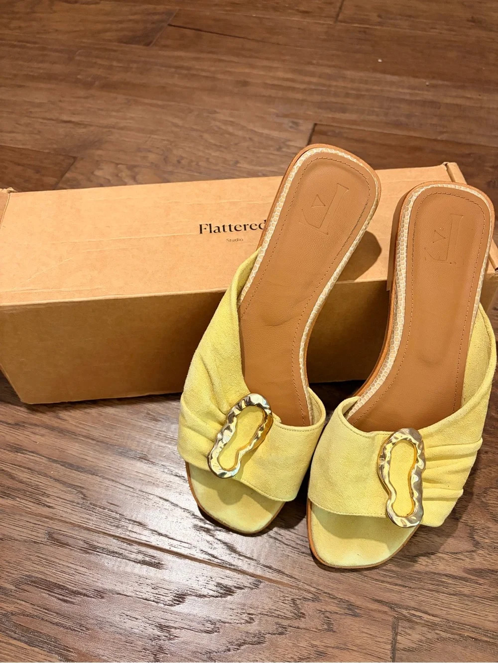 Flattered Yellow Suede Slide Sandals with Gold Accent | Poshmark