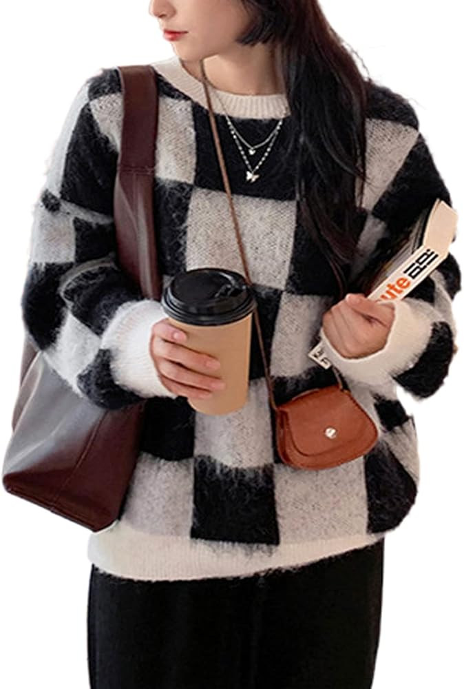 Women’s Y2K Fashion Color Checkered Knit Korean Sweaters Plaid Jumper Oversized Vintage Aesthetic Cr | Amazon (US)