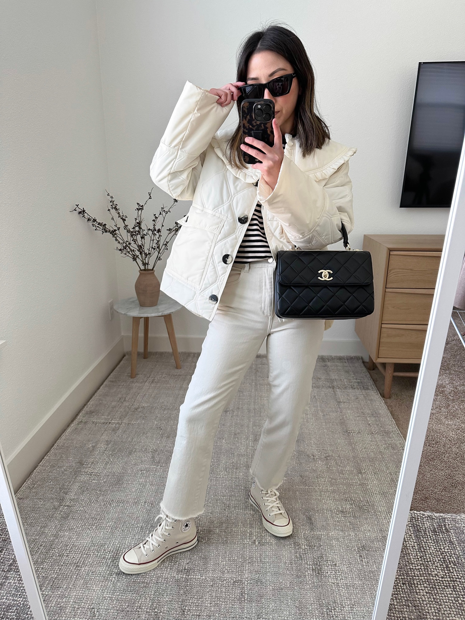 Spring jackets. Ganni off-white quilted jacket. Wearing the smallest size, 32. 

Jacket - Ganni 32
Tee - Theory Small (sold out, linked dupe)
Jeans - DL1961 25
Sneakers - Converse 5
Bag - Chanel Trendy cc small
Sunglasses - YSL


Petite Style, Neutral outfit, capsule wardrobe, minimal style, street style outfits, Affordable fashion, Spring fashion, Spring outfit,

#LTKitbag #LTKstyletip #LTKshoecrush