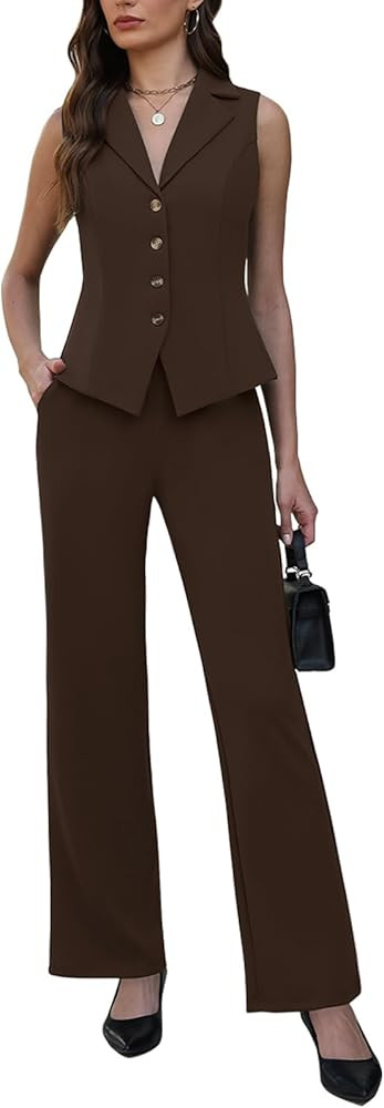 Agenlulu Women's 2 Piece Suits Sleeveless V Neck Outfits Summer Vest Blazer with Straight Leg Pan... | Amazon (US)
