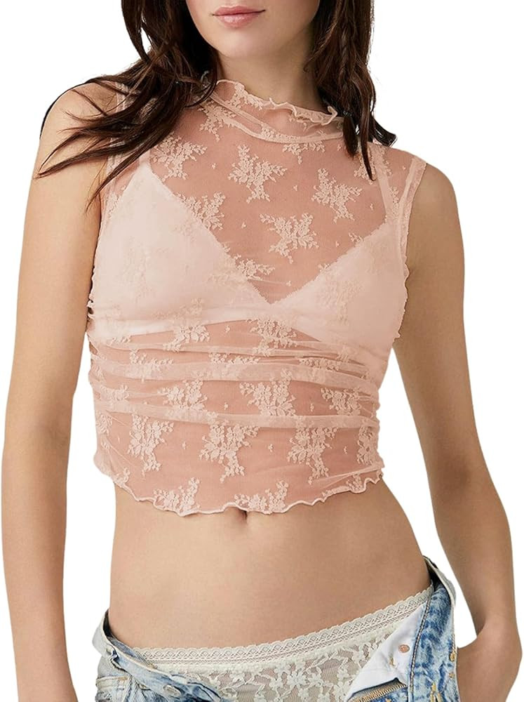 LOFAAC Women Floral Lace Sheer Mesh Crop Tank Top Mock Neck Sleeveless See Through Ruched Side La... | Amazon (US)