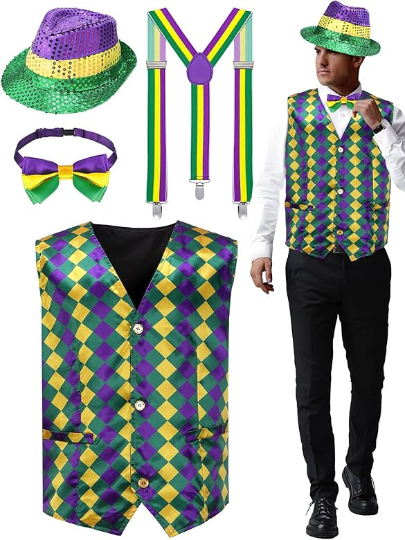 4 Pcs Mardi Gras Men's Vest Set Adult Suspenders Sequin Hat Bow Tie for Mardi Gras Carnival Parad... | Amazon (US)